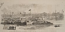 Fort Henry, on the morning after its capture, February 6, from a sketch by Henry Lovie of Frank Leslie's Illustrated Fort Henry, on the morning after its capture, February 6 - from a sketch by Mr. H. Lovie, our special artist with Commodore Foote's expedition.jpg