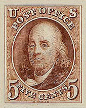 First U. S. postage stamp, issue of 1847, honoring Benjamin Franklin. Franklin SC1 1847.jpg