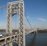 The double-decked George Washington Bridge, connecting New York City to Bergen County, New Jersey, is the world's busiest suspension bridge, carrying 102 million vehicles annually. George Washington Bridge from New Jersey-edit.jpg