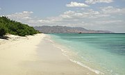 The beach at Gili Meno with Lombok in the distant background