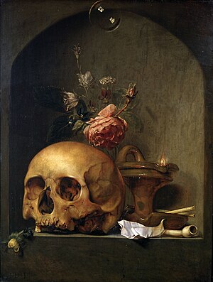 A 17th century painting of various objects, the most prominent of which is a human skull.