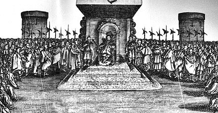 Henry III on the Polish throne, in front of the Sejm of the Polish–Lithuanian Commonwealth and aristocracy surrounded by halberdiers, 1574