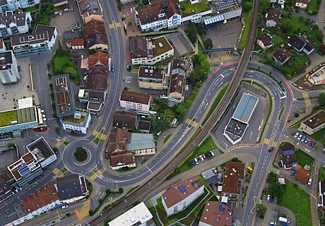 Roads in the town centre of Hochdorf, Lucerne, from a hot-air balloon