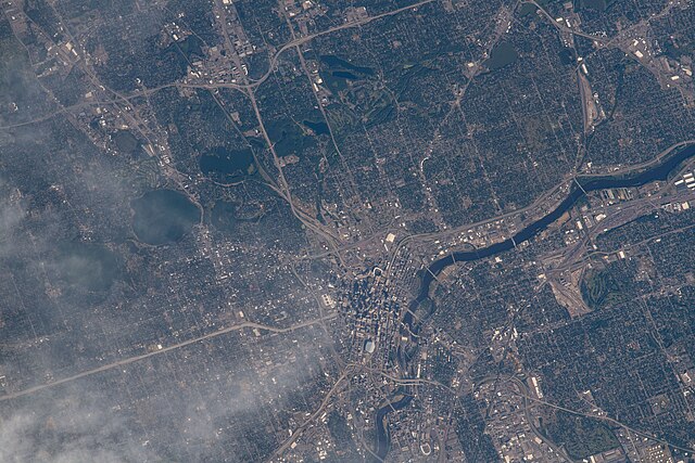 Part of central and eastern Hennepin County on July 1, 2022, taken from the International Space Station. North is oriented mostly towards the right an