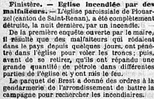 L'incendie de l'église paroissiale de Plouarzel dans la nuit du 11 au 12 août 1898 (journal La Croix du 13 août 1898)