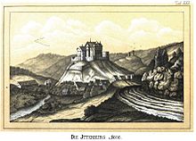 Zwei der Itterburgen um 1606: im Vordergrund über dem Dorf Thalitter die Itterburg, hinten rechts die Ruinen der Steuerburg