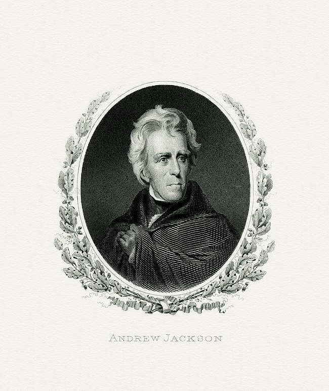 Engraved portrait of Jackson as president by the Bureau of Engraving and Printing. This portrait has appeared on the $20 bill since 1929.[334]