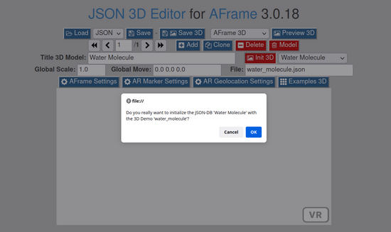 JSON3D4AFrame the interface of the Wikiversity confirm loaded 3D model