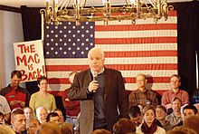 John McCain campaigning in Merrimack, New Hampshire, on December 29, 2007. "Mac is back!" became a familiar chant in his appearances once his campaign fortunes improved. John McCain in NH.jpg