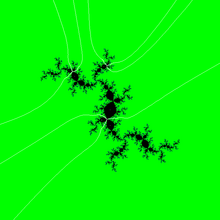 Julia set with external rays landing on period 3 orbit Julia-p9.png