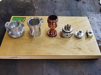 From left to right: Methanol inlet (Injector), Injector to Nozzle Connector, Copper Nozzle, Nitrous inlets (Injector), Nitrous pipe connector, Nitrous return elbow KSR-1 Engine Components.jpg