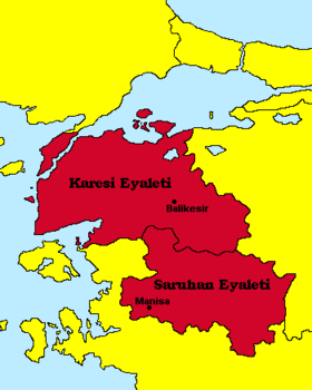 Saruhan-Karesi Eyaleti harita üzerinde