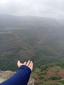 A view from Rajmachi of Kataldhar Waterfall before monsoon