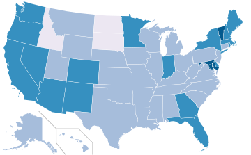 LGBT adult percentage by state in 2015-2016:
.mw-parser-output .legend{page-break-inside:avoid;break-inside:avoid-column}.mw-parser-output .legend-color{display:inline-block;min-width:1.25em;height:1.25em;line-height:1.25;margin:1px 0;text-align:center;border:1px solid black;background-color:transparent;color:black}.mw-parser-output .legend-text{}
< 2%
2-2.9%
3-3.9%
> 4% LGBT Adult population percentage by US state (2015-2016).svg