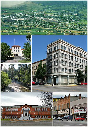 Dans le sens des aiguilles d'une montre depuis le dessus: vue sur la ville, Foley Building, Granada Theatre, Carnegie Library, Catherine Creek, Eastern Oregon University, Pierce Library