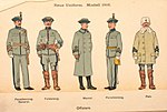 Officersuniformer enligt m/1906: Från vänster, 1: Generallöjtnant i paraduniform. 2: Överstelöjtnant i fältuniform. 3: Major i kappa. 4. Löjtnant i vinterdräkt.