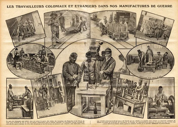 File:Les travailleurs coloniaux et etrangers dans nos manufactures de guerre - Scenes of colonial workers involved in the world war I effort. Supplement to the 'Excelsior' of 17 September 1916.webp