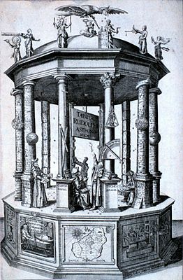 Portada de las Tablillas de Rudolfo que muestran a Hiparco, Ptolomeo, Copérnico y Tycho Brahe