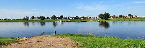 Blick über die Elbe nach Lorenzkirch mit Autofähre und Personenfähre