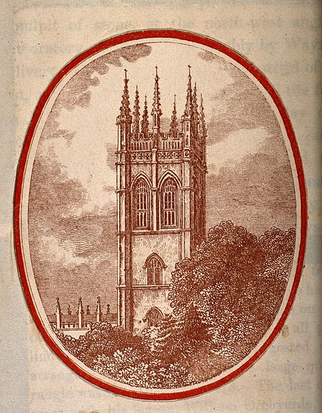 File:Magdalen College, Oxford; the tower. Tinted line engraving. Wellcome V0014122.jpg