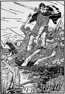 Eine schwarz-weiße Zeichnung mit schwarzem Rahmen zeigt einen Krieger mit Kettenhemd, Helm, Umhang und Schwert, auf den ebenso wie auf die Krieger im Hintergrund Pfeile zufliegen; im Vordergrund steht ein Rind im Moor und rechts unten steht der Name Morris M Williams