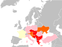 Red: Severely affected countries; Pink: Partially affected. Map of European countries gas supply cut.svg