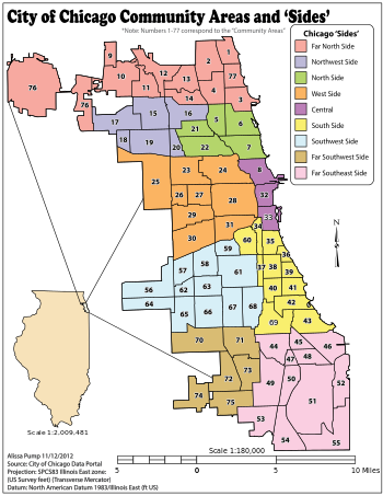 Map of the Community Areas and 'Sides' of the City of Chicago, data complied from the Community Areas List and 'Sides' descriptions below