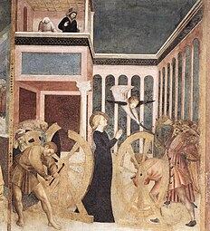 Masolino da Panicale, Martyre de sainte Catherine (1428-1430), basilique Saint-Clément-du-Latran. On voit l'intervention de l’ange qui détruit les roues entourées de scies et de clous.