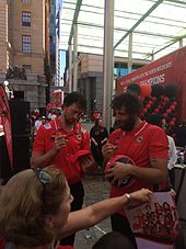 Knight (right) signing autographs alongside Matthew Nielsen at the 2017 Perth Wildcats championship ceremony Matthew Knight 5.jpg