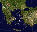 Weather diagram showing Meltemi winds over Greece and Turkey