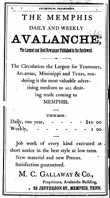 Memphis Avalanche ad in Memphis city directory, 1870 Memphis Avalanche ad in Memphis city directory.jpg