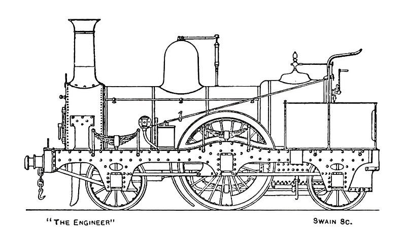 File:Midland Railway 2-2-2 locomotive No 1, built by M. Kirtley in 1859 – Enhanced version, no caption, black and white.jpg