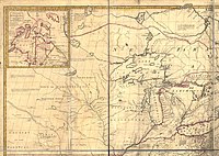 Kart av John Mitchell fra 1755–1757, som viser Lake of the Woods ovalformet og at Mississippis utspring er ukjent.