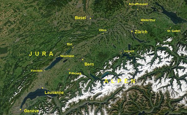 Satellite image of the Swiss Plateau between the Jura and the Alps