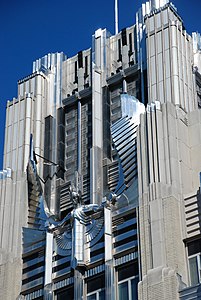 The facade of the Niagara Mohawk Building, in Syracuse, New York, (1932), a power utility company, features a statue of "The Spirit of Light"