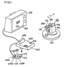 In the patent filing, R.O.B. is placed at the right, facing the CRT screen to receive the game's commands via the screen's optical flashes. Nintendo "Photo-sensing video game control system".png