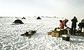 Temporary research station of German-Swiss expedition on the sea ice at the Geographic North Pole. Drillings at the landing site at 90°N showed an average ice thickness of 2.5 metres on April 16, 1990