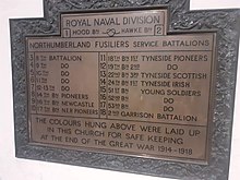 A plaque listing the colours hung in Newcastle Cathedral. Northumberland Fusiliers Colours.jpg