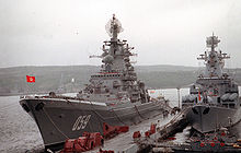 Admiral Ushakov (ex-Kirov), lead ship of the class, next to the Slava-class cruiser Marshal Ustinov. Nuclear cruiser Kirov.jpg