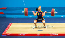 Lidia Valentin of Spain performing a clean at the 2012 Olympic Games in London Olympics 2012 Women's 75kg Weightlifting.jpg