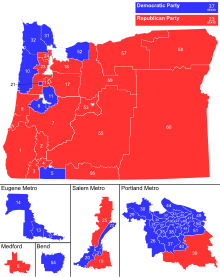 Map of the current composition of the Oregon House of Representatives by district Oregon House of Representatives 2020.svg