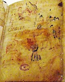 Opening illustration of the Origo gentis Langobardorum, showing the Gods Godan (Odin) and Frea (Frigg) at the upper left corner. Origo gentis Langobardorum - illustrated codex cropped.jpg