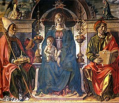 Francesco del Cossa: Getroonde Madonna met de heiligen Petronius en Johannes de Doper
