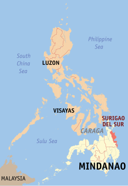 Mapa iti Filipinas a mangipakita ti pakasarakan iti Surigao del Sur.