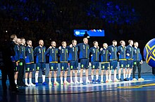Swedish national team in 2023 World Men's Handball Championship Players of Sweden during the national anthem.jpg