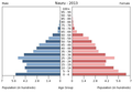 English: The population pyramid of Nauru illustrates the age and sex structure of population and may provide insights about political and social stability, as well as economic development. The population is distributed along the horizontal axis, with males shown on the left and females on the right. The male and female populations are broken down into 5-year age groups represented as horizontal bars along the vertical axis, with the youngest age groups at the bottom and the oldest at the top. The shape of the population pyramid gradually evolves over time based on fertility, mortality, and international migration trends. Українська: Віково-статева піраміда населення Науру за 2013 рік. Вона дає наочне уявлення про вікову і статеву структура населення країни, може слугувати джерелом інформації про політичну і соціальну стабільність, економічний розвиток. Блакитними кольорами ліворуч, у вигляді горизонтальних смуг показані вікові групи (з кроком 5 років кожна) чоловічої статі, праворуч рожевими — жіночої. Наймолодші вікові групи — внизу, найстаріші — вгорі. Форма піраміди поступово еволюціонує з плином часу під впливом чинників народжуваності, смертності і світової міграції.