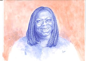 Enam Bosokah, portrait of Rose Dieng-Kuntz (2022, Accra), ballpoint pen on watercolor background