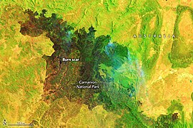 Oct 27 (3): False-color image from October 21, 2023 of burn scar from bushfires in Carnarvon National Park, Queensland