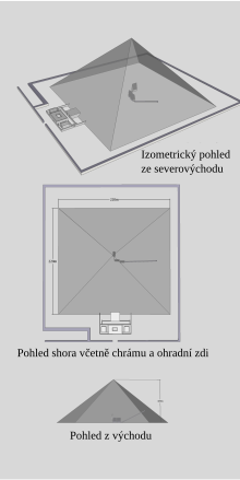 Schéma pyramidy v původní velikosti, jejího zádušního chrámu i ohradní zdi. První část tvoří izometrický pohled ze severovýchodu, druhý shora a poslední ze strany z východu. Strany základny pyramidy, vysoké asi 105 metru, jsou na mapě dlouhé přibližně 220 metru. K východní straně pyramidy přiléhá chrám, jehož jádro tvoří obětní místnost. Na obou stranách otevřeného nádvoří se nalézají kaple. Areál pyramidy ohraničuje ohradní zeď. Do areálu se vstupuje z východu. Do pyramidy vchod vede chodbou ze severu, která nejprve vede pod strmým úhlem dolů k základně pyramidy a poté pokračuje ve vodorovné pozici. Chodba ústí do první předsíně, kterou s druhou předsíní spojuje krátká pasáž. V druhé předsíni je umístěn vchod do pohřební komory. Komora i předsíně mají dlouhý stupňovitý strop.