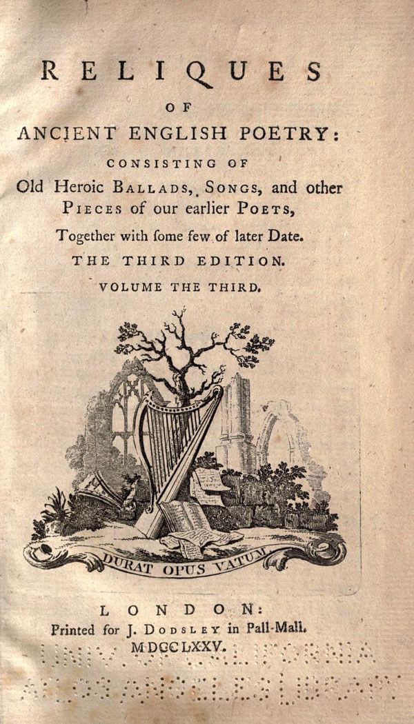 Title page of the third edition of Reliques of Ancient English Poetry (1775).